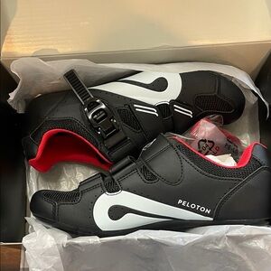 Peloton Black and White Cycling Shoes with Red Trim